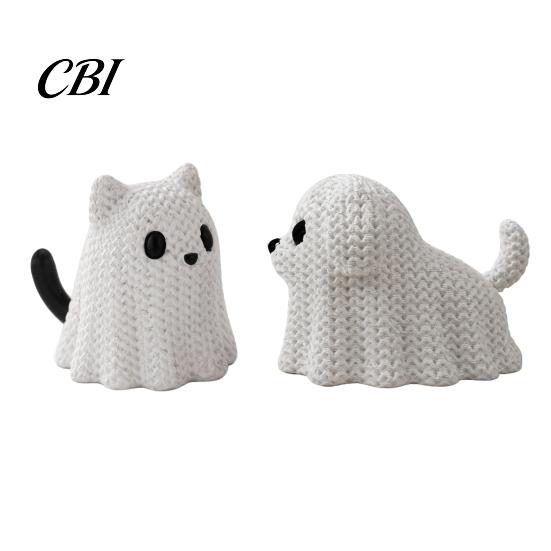 Moisture-proof Spooky Decoration 3D Printed Ghost Dog/Cat Figurine Ornaments, Knitted Texture Halloween Animal Stable Decorations, Small Cute