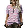Womens V-Neck Short Sleeve Loose Fit T-Shirt With Floral Lake Scene Cartoon Bun Girl Print 2025 Casual Top