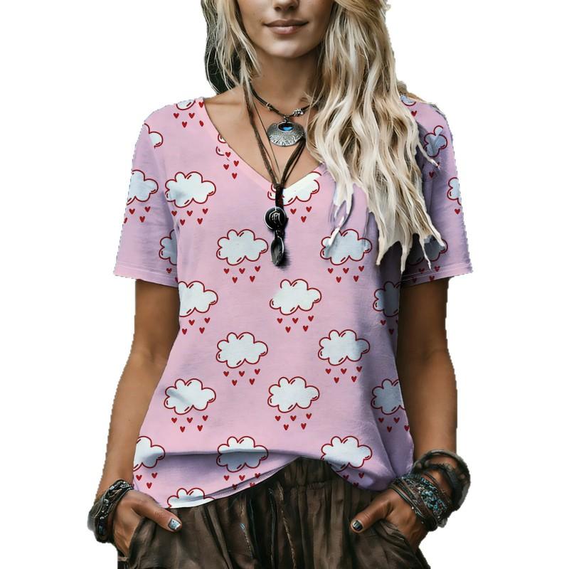 Womens V-Neck Short Sleeve Loose Fit T-Shirt With Floral Lake Scene Cartoon Bun Girl Print 2025 Casual Top