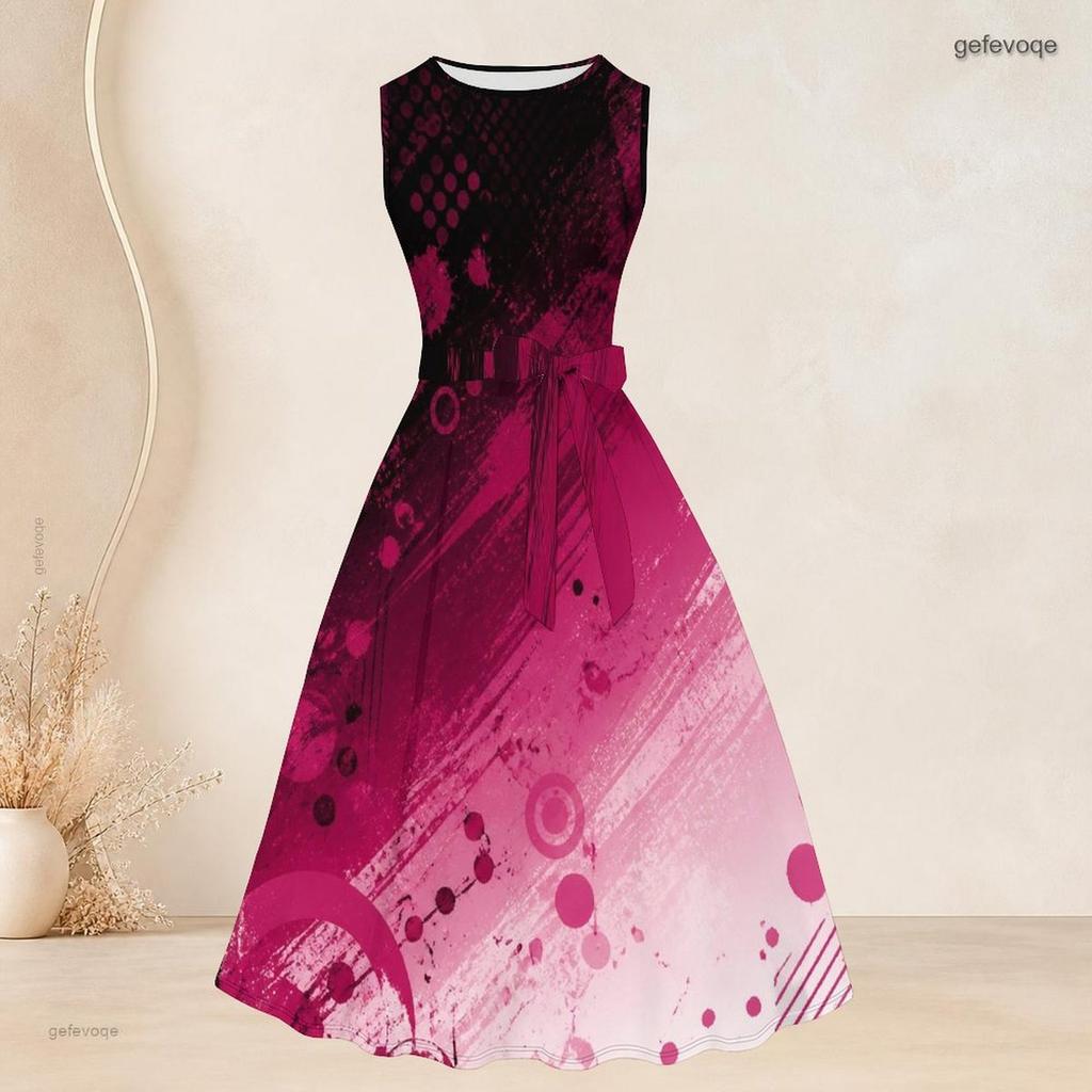 Women Plus Size Two Piece Set Printed Sleeveless Tie Waist Flared Dress And 3 4 Sleeve Open Cardigan