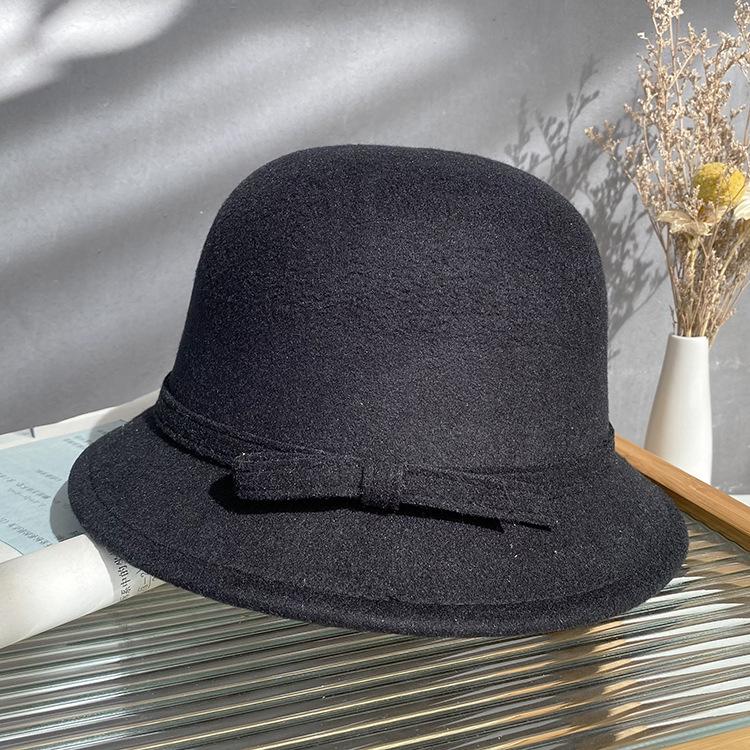 French Simple Wool Bucket Hat Women'S Retro Autumn And Winter Dome Elegant Top Hat White Bow Basin Hat