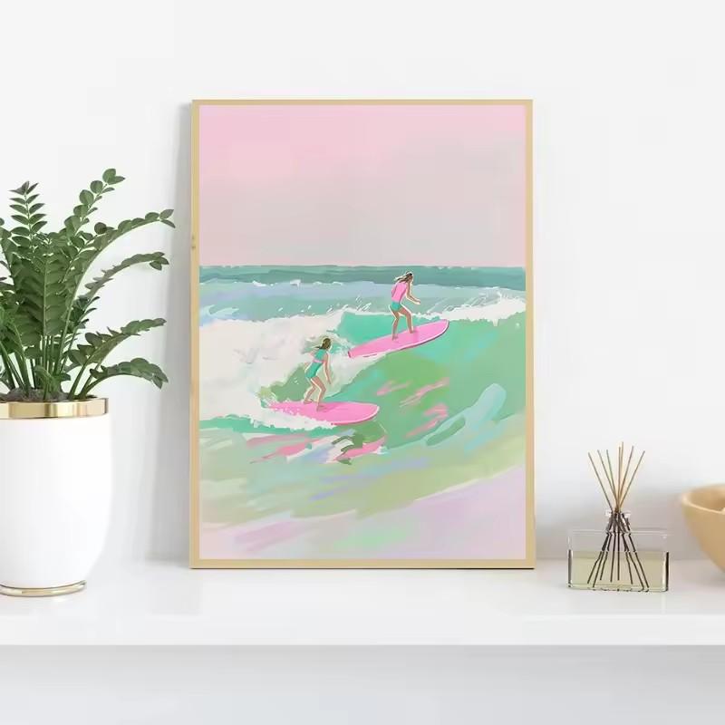 Pink Watercolor Ocean Waves Seascape Poster Oyster Shell Beach Umbrella Surfing Canvas Printing Wall Art Picture Home Decor