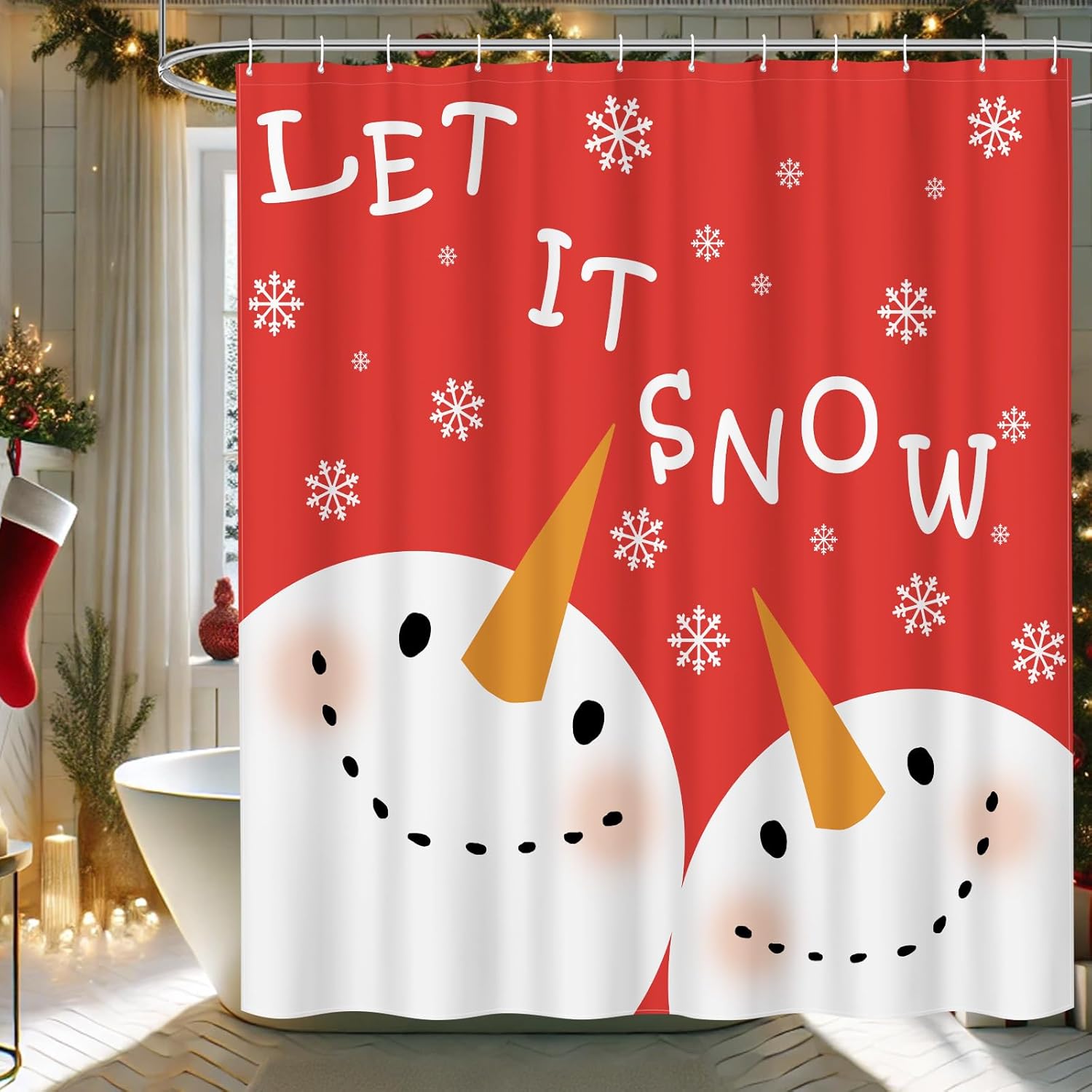 

Милый рождественский занавеска для душа со снеговиком, с узором на зимнюю тему Пусть идет снег , Красная ткань, Декор для ванной комнаты на Рождество 90x180cm35x71in