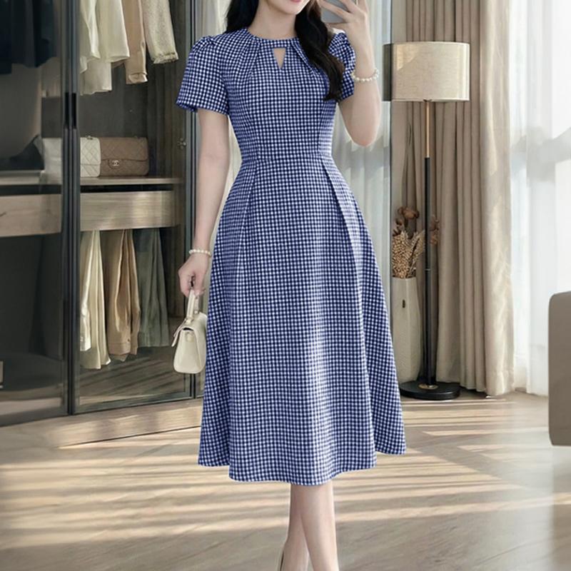

ZANZEA Women Summer Round Neck Casual Short Sleeve Grid Print Dress 5XL синій