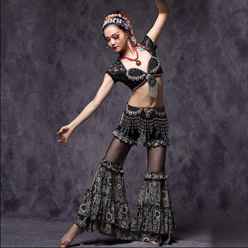Women's Tribal Belly Dance Pants Mesh Patchwork Flared Pants Bellydance Costume for Performances Halloween Party
