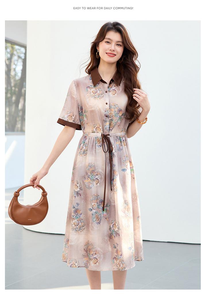 26 year new summer shirt collar with Chinese style high-end feeling, short sleeved skirt, waist cinching versatile mid length skirt, dress