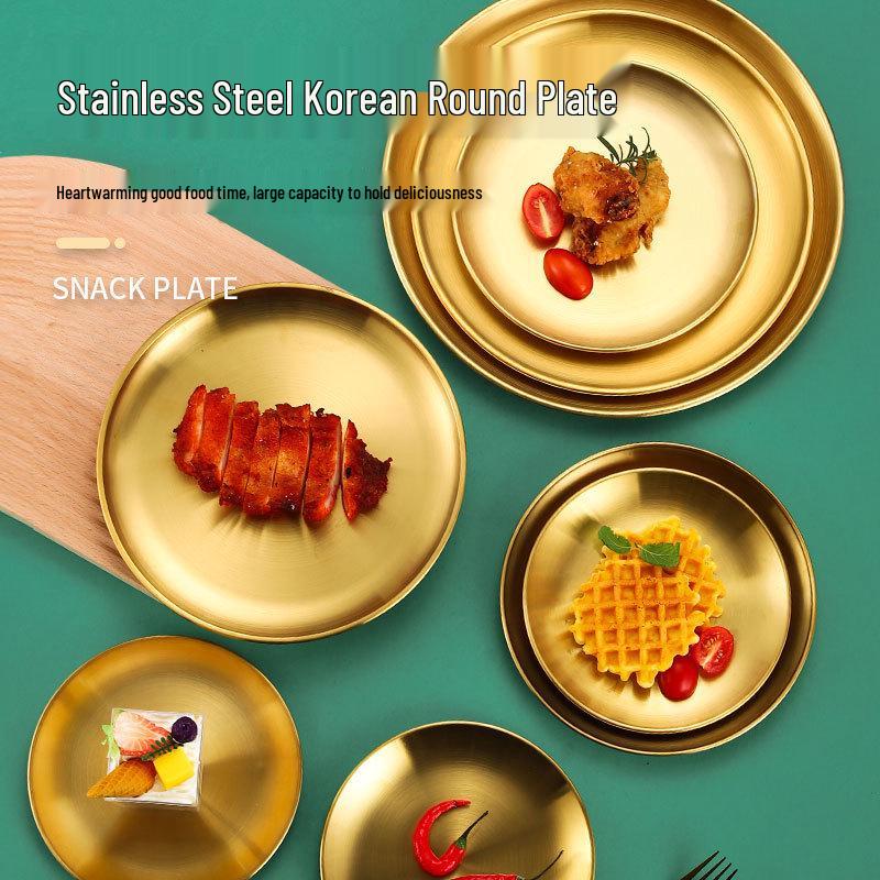 Korean Style 304 Stainless Steel Gold Round Plate for Fruit, Dinner, Vegetables, and BBQ