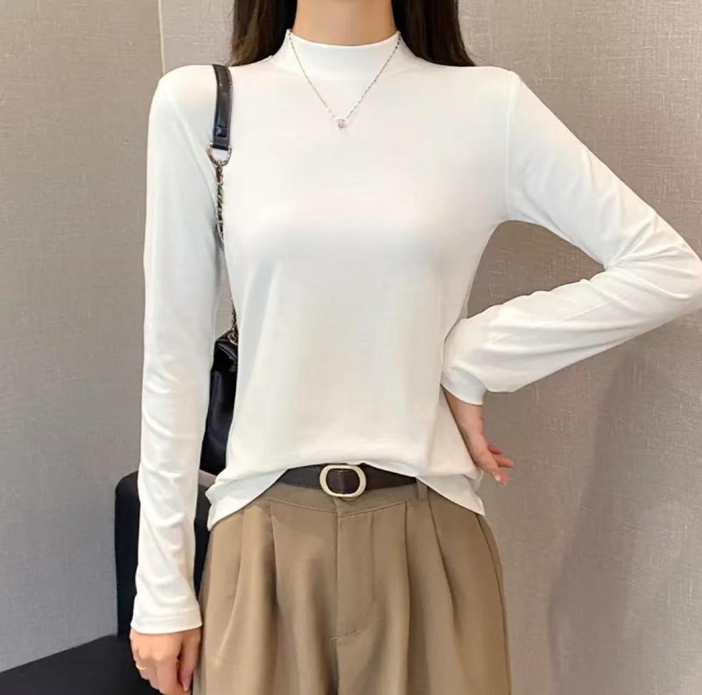 Women's Black Slim-Fit Long Sleeve Mid-Neck Top for Spring/Autumn