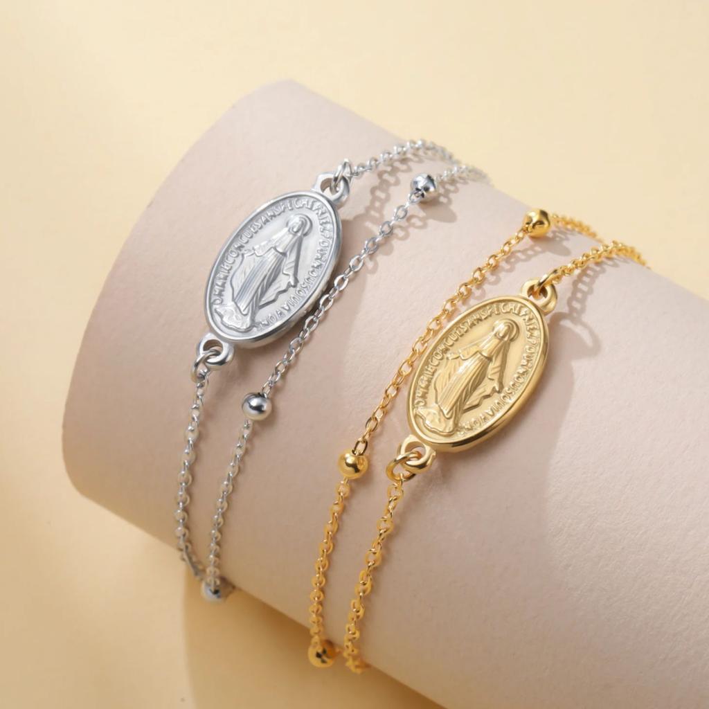 LIKGREAT Virgin Mary Bracelet Cross Pendant for Women Stainless Steel Religious Catholic Amulet Jewelry Gift Adjustable Chain