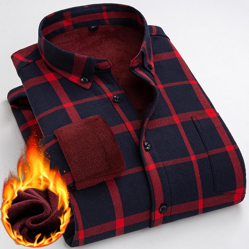 Men 'S Long -Sleeved Shirt Plus Velvet Plaid Shirt Loose Casual Top