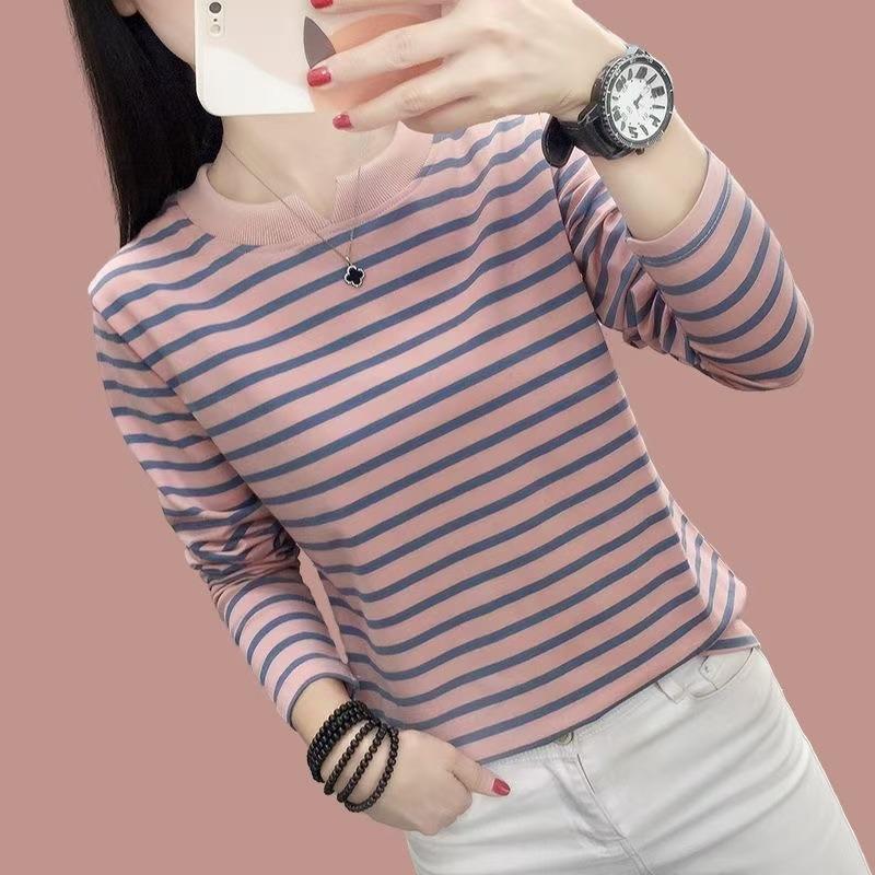 Extra Fat and Loose Long-sleeved Autumn Striped Bottoming Shirt Combed Cotton