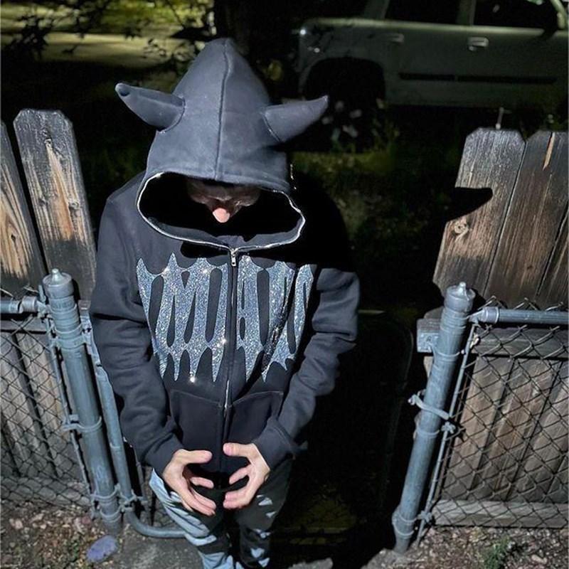 Y2K Unisex Rhinestone Full Face Zipper Hoodies Sweatshirt Loose Oversized Gothic Letter Star Print Men's Women's Streetwear Coat