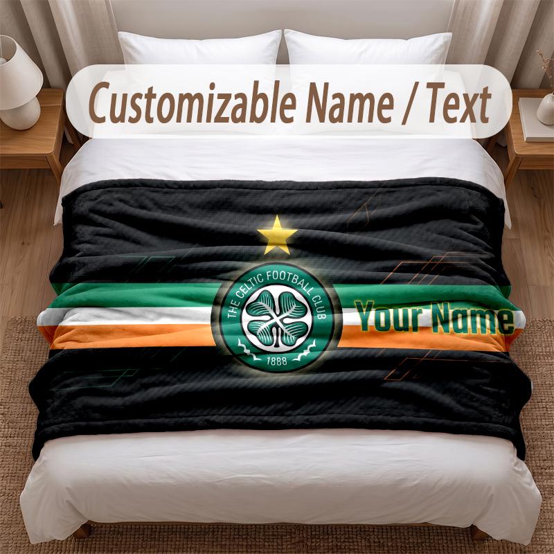 Celtic FC Printed Flannel Blanket Custom Name Text Soft Warm Throw For Bedroom Holiday Gift