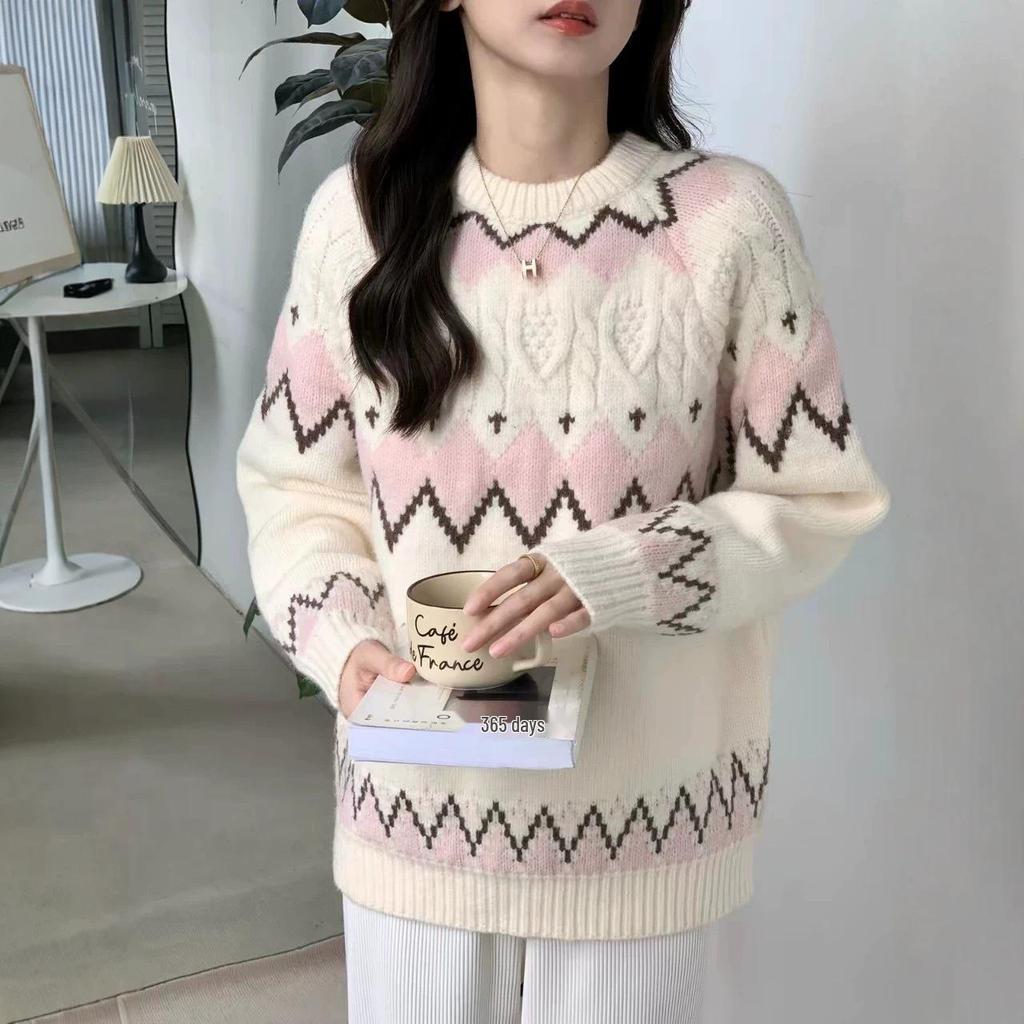 2026 Women's Diamond Jacquard Color Block Sweater - Autumn/Winter College Style Loose Knit Pullover