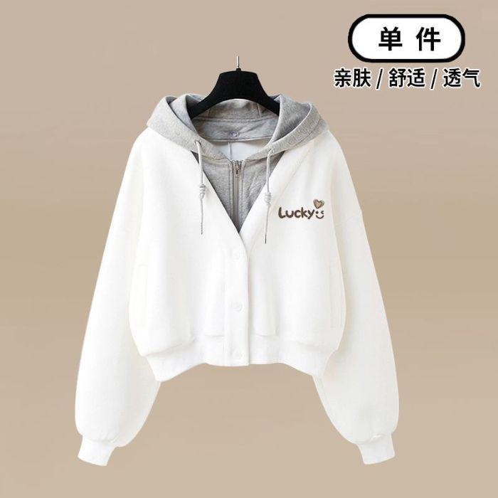 Women's 2 Piece Tracksuit Set Fake Two Piece Hooded Crop Sweatshirt & Elastic Waist Wide Leg Pants Loose Casual Spring Fall Matching Outfit