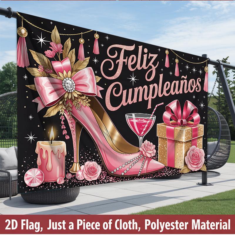 2D Plane 1-piece Product. Spanish-style Shiny Rose Gold Birthday Banner - Hanging Polyester Decoration. 2D Plane