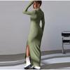 Women's Knit Dress Fall Casual Long Sleeve Lapel Collar Solid Color Bodycon Long Dresses Maxi for Female Going Out Streetwear