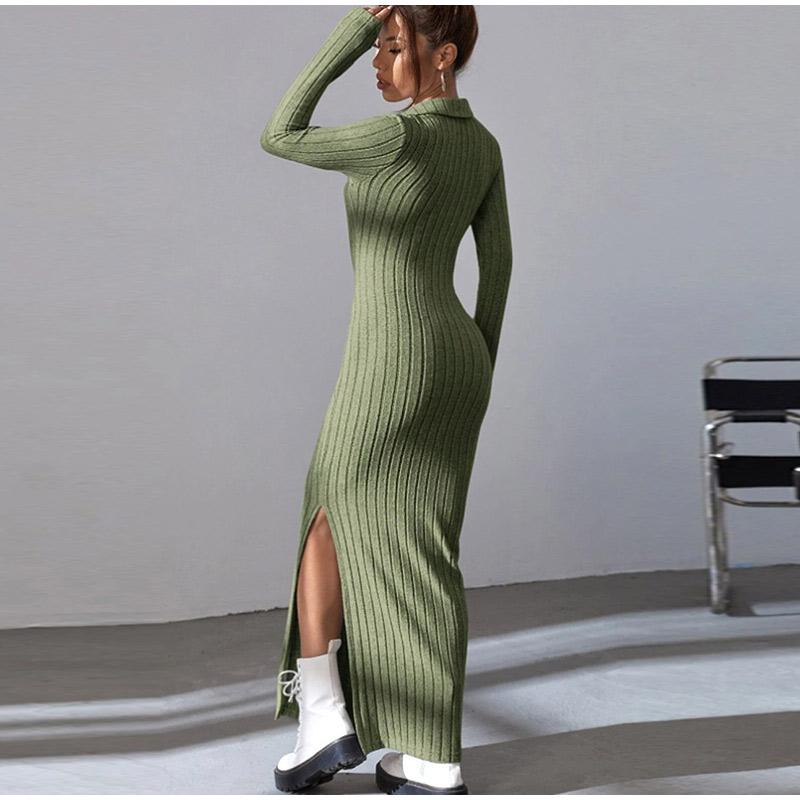 Women's Knit Dress Fall Casual Long Sleeve Lapel Collar Solid Color Bodycon Long Dresses Maxi for Female Going Out Streetwear