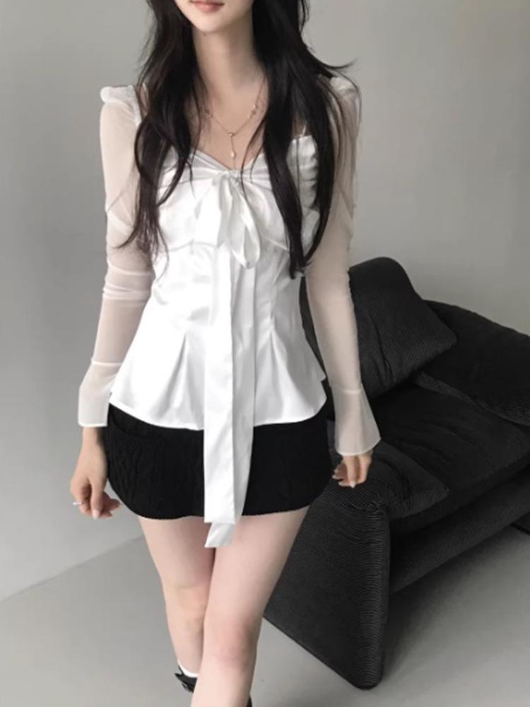 Spring 2026 Women's Slim French Bow Satin Bandeau Chiffon Shirt