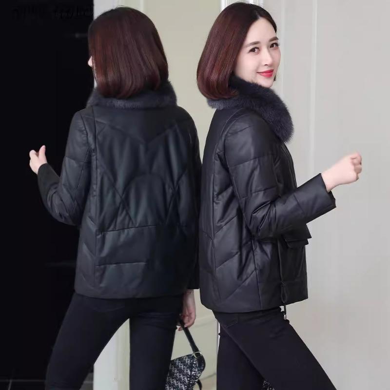 New leather jacket fox fur collar small thickened sheepskin leather down jacket women's fur short coat winter
