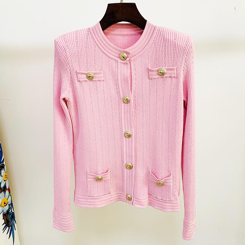 High Street Fashion Spring 2026 Pink Slim Fit Knit Cardigan with Lion Buttons