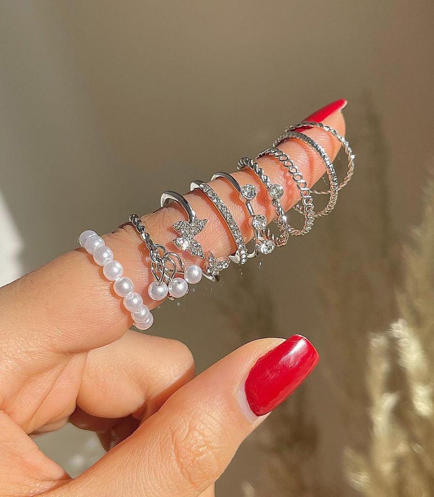 9-Piece Butterfly Rhinestone & Pearl Knuckle Ring Set for Women