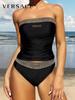 TweeDelig Hoge Taille Strapless Kleur TweeDelig Zwempak Voor Dames, Conservatief Strapless Zwemkleding