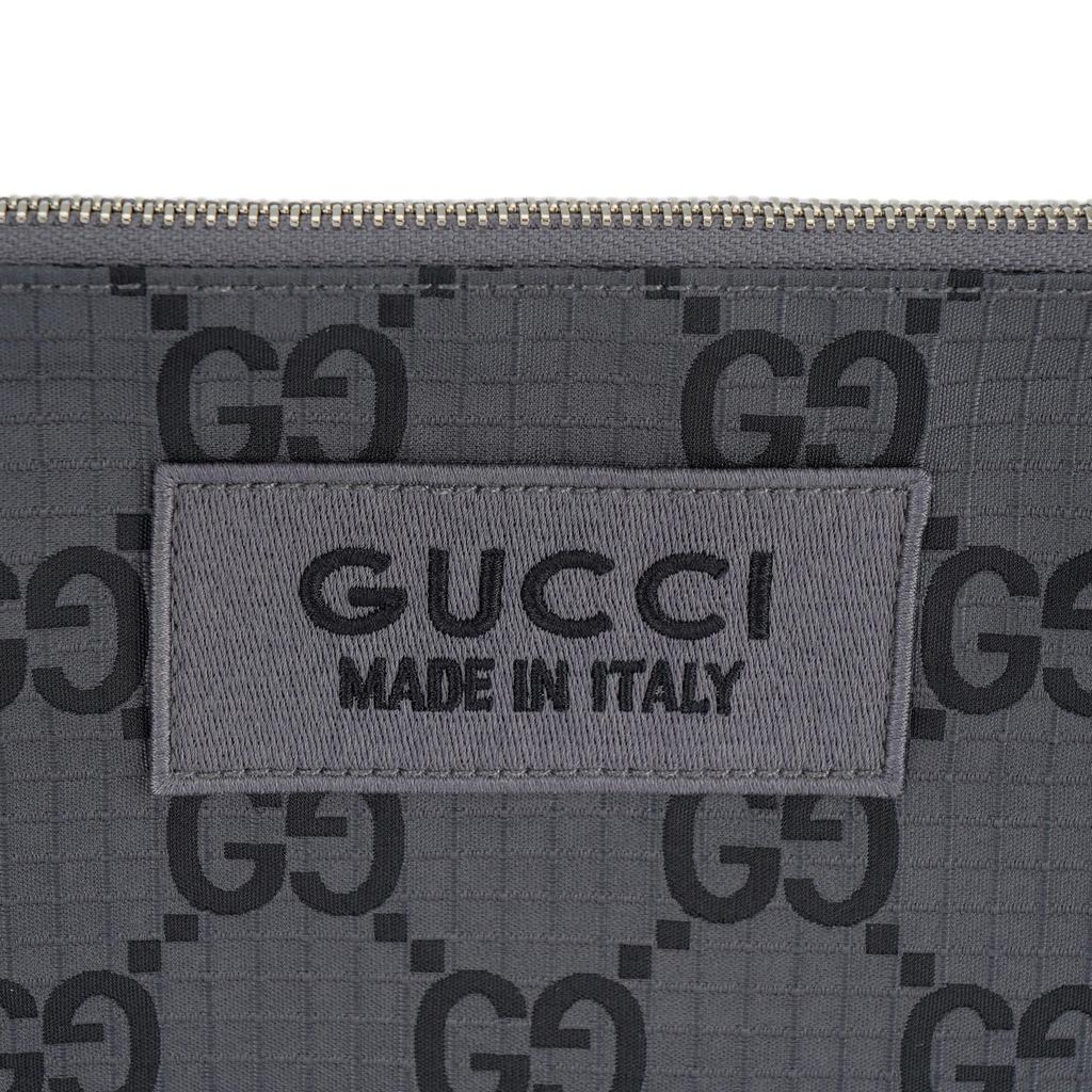 Gucci GG Monogram Gray Canvas Leather Trim Zip Pouch Wristlet Clutch Bag For Daily Use & Travel