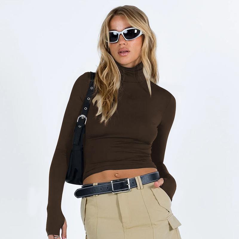 

Осенняя однотонная облегающая футболка Y2K, женская повседневная футболка с длинным рукавом, женская однотонная уличная одежда, свободная футболка, женская одежда, Blusas 29880 L темно-коричневого