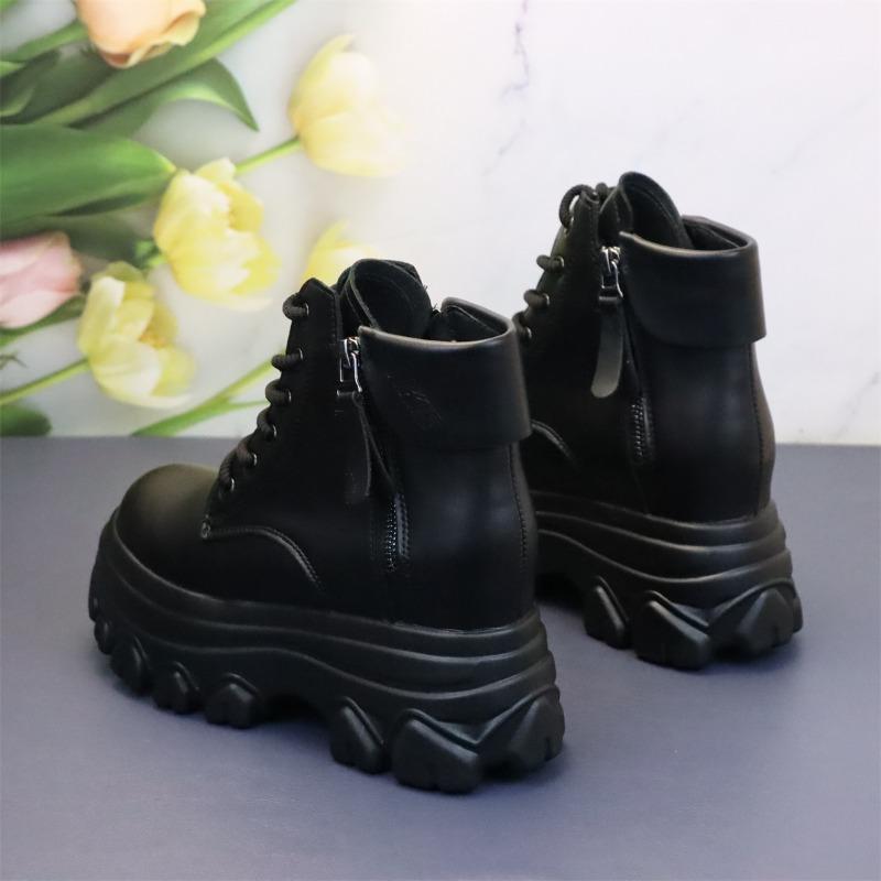 Fashion Autumn Women High Top Leather Shoes Platform Wedge Sneakers Chunky Shoes Hidden Heel 10 CM Brown Black Women Casual Shoes