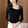 Elegant Fashion Casual Autumn Winter Square Collar Asymmetrical T-Shirts Skinny Solid Patchwork Pullovers Gauze Women's Clothing