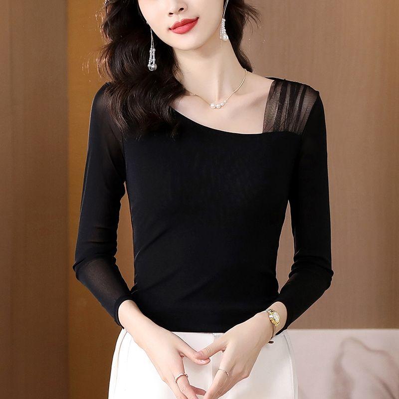 Elegant Fashion Casual Autumn Winter Square Collar Asymmetrical T-Shirts Skinny Solid Patchwork Pullovers Gauze Women's Clothing