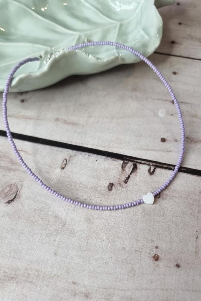 Handmade Choker with Lilac Seed Beads and Natural Heart Shell Pendant