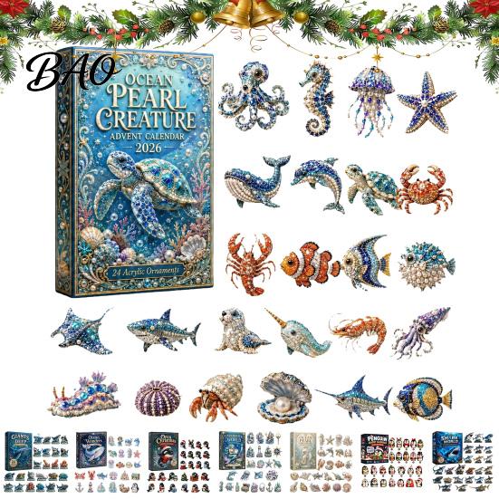 Weihnachtsgeschenk für Freunde Familie 2026 Meeresbewohner Adventskalender, 24-teiliges Acryl-Schmuckset mit festlicher Dekoration für Zuhause Meerestierfiguren,