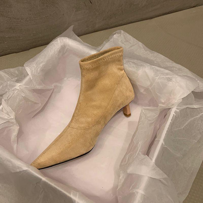 Naked boots Casual thin boots Women's niche small Korean high-heeled wind shoes Fleece thin heel pointed season suede short boots