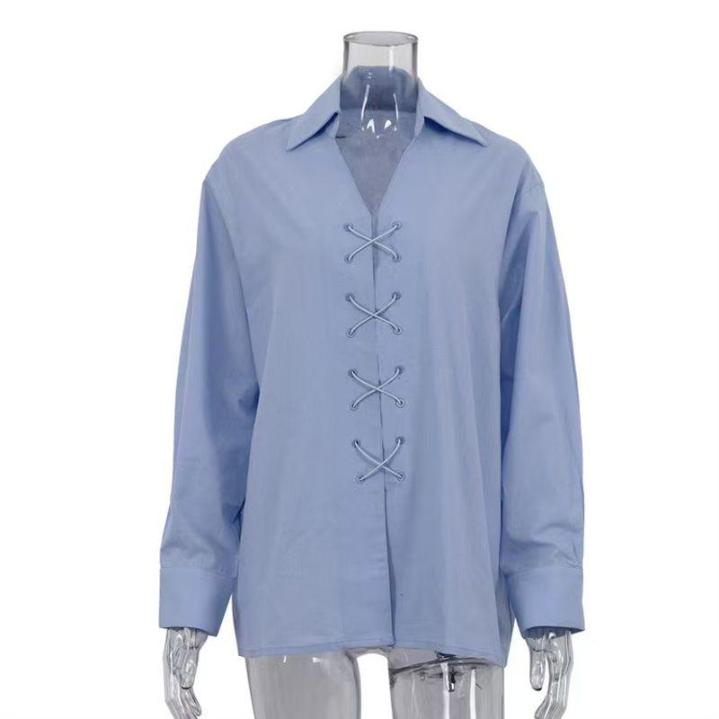 

French Style New Arrival Solid Color Lapel Long Sleeve Stylish Cross Tied Shirt Loose Lace up Shirt Blue S