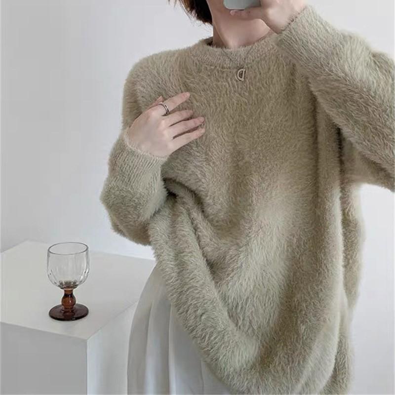 Soft Fuzzy Faux Mink Knit Sweater Women Round Neck Loose Fit Long Sleeve Pullover Cozy Oversized Mid-Length Top In