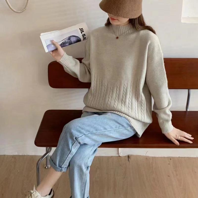 Semi-turtleneck Knitted Sweater with New Autumn and Winter New Twist Simple Lazy Sweater Bottoming Shirt