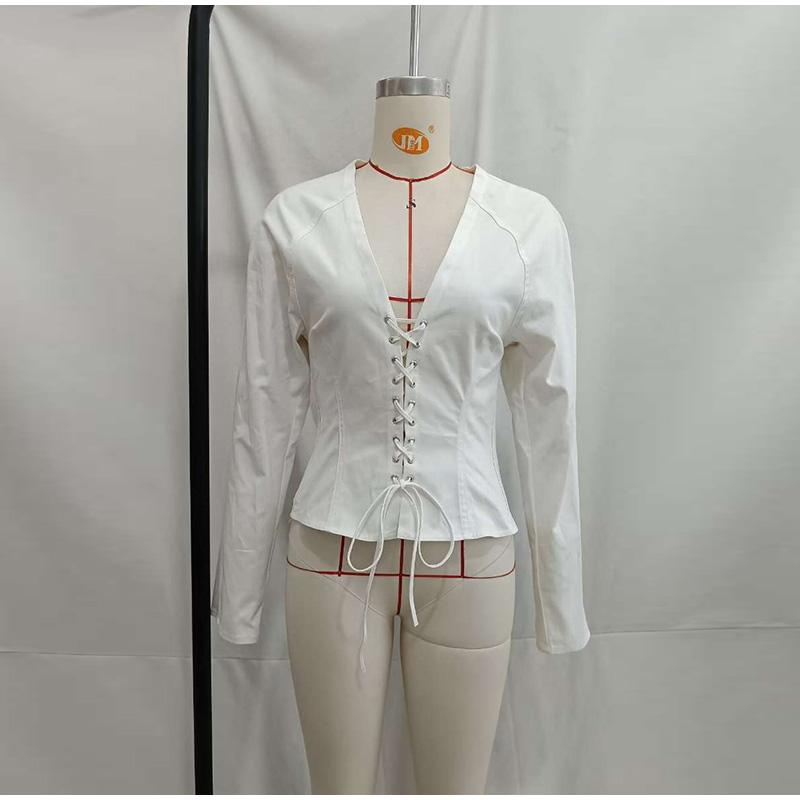 Košile s bandáží Ženy Sexy Dlouhý rukáv Výstřih do V Tenká Dámská Halenka s mašlí Jaro Léto High Street Chic Dámské Top Mujer