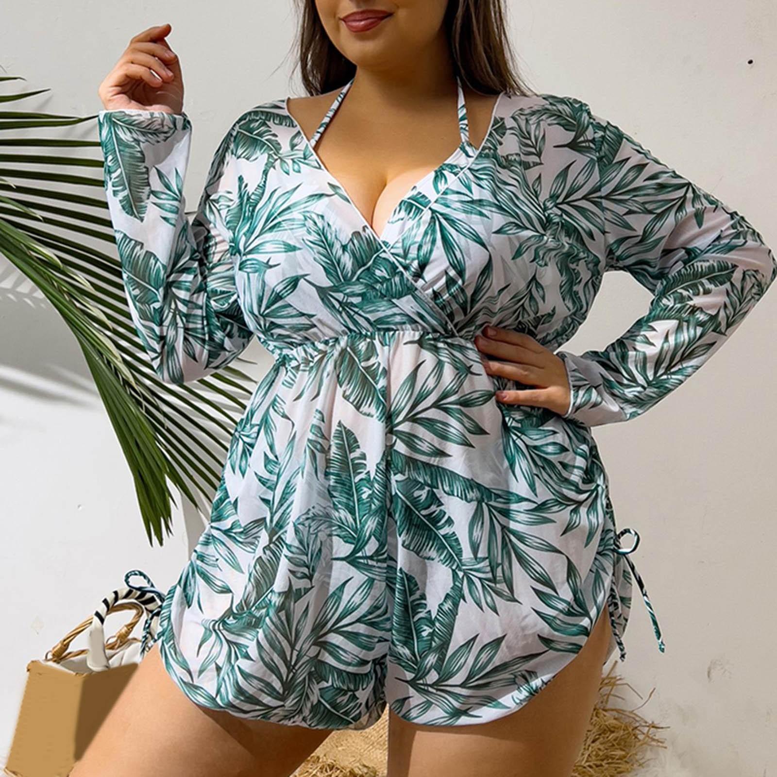 

Женские бикини-тренд 2025 года, купальник больших размеров, трехсекционный, с длинными рукавами, бикини, танкини, Maillot De Bain Femme XXXL зелёный