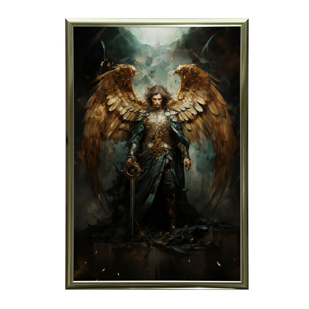 Plakat Święty Michał Archanioł: Blask Złotego Miecza Plakat Święty Michał Archanioł: Blask Złotego Miecza, 30X40 Cm, Rama Aluminiowa Czarna, Papier Ma