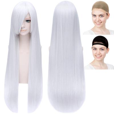 Peruca para Cosplay Case Eden, Longa, Lisa, 80cm, Cabelo Prateado, Merch Branco e Rede para Peruca (Conjunto de 2)