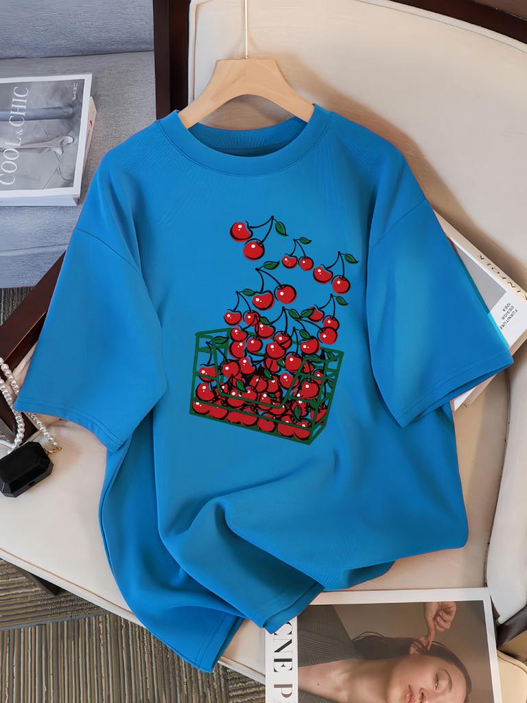 A Basket Of Cherries Printing Female Tee Shirt Breathable Casual T-Shirts Summer Short Sleeve Soft Loose Streetwear Women