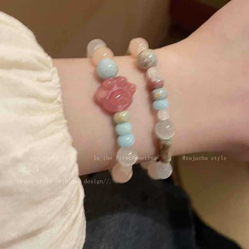 Glazed Baby Elephant Opal Bamboo Stone Elastic Bracelet Niche Design Summer Sweet Fashion Versatile Jewelry Women