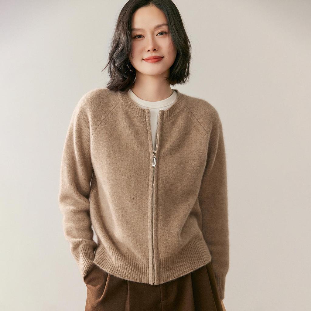 Women's Cashmere Round Neck Zipper Cardigan - Autumn/Winter Collection: Thick, Solid Color, Short, Loose Knit
