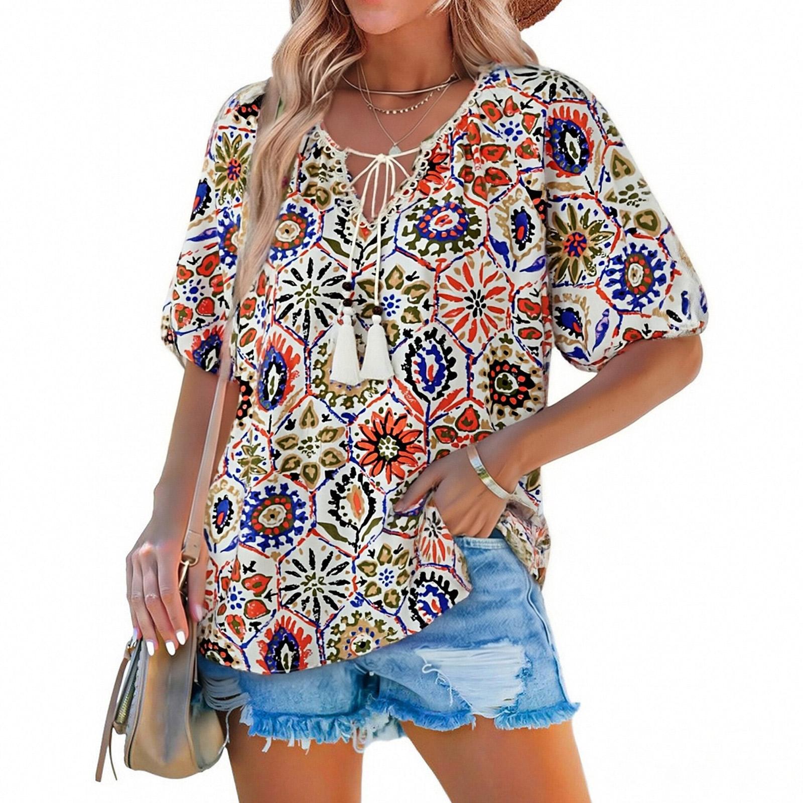 Women s Fashionable Casual Bohemian Short-sleeved Printed Top XL красный