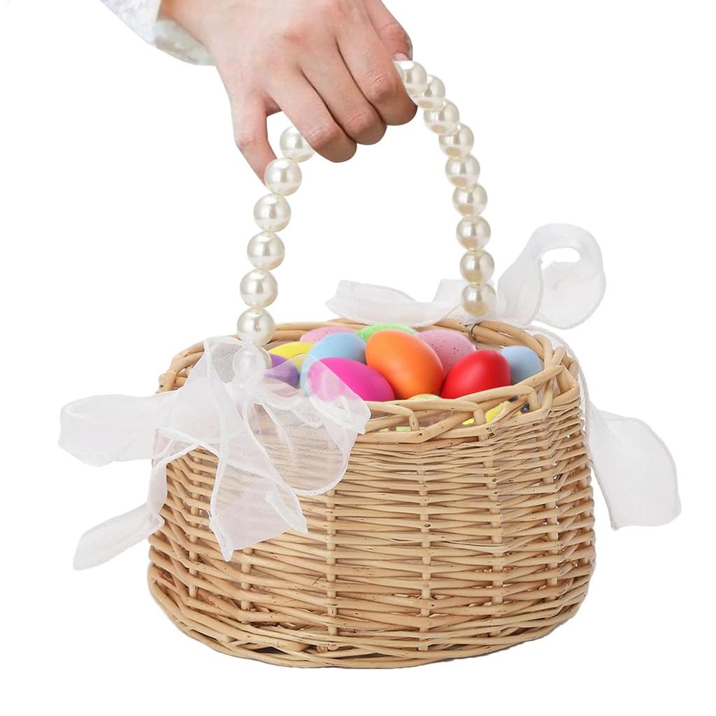 M/L Weiden-Blumenmädchenkorb mit Perlenhenkel & Schleife Handgeflochtener Oster-Rattan-Korb Romantische Hochzeitsdekoration Blumenkorb