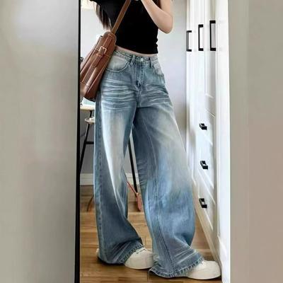 Blue Plus Size Straight Jeans Female Autumn Loose High-waisted Small Person Wide Leg Trailing Long Trousers Jeans for Women Long Denim Pants