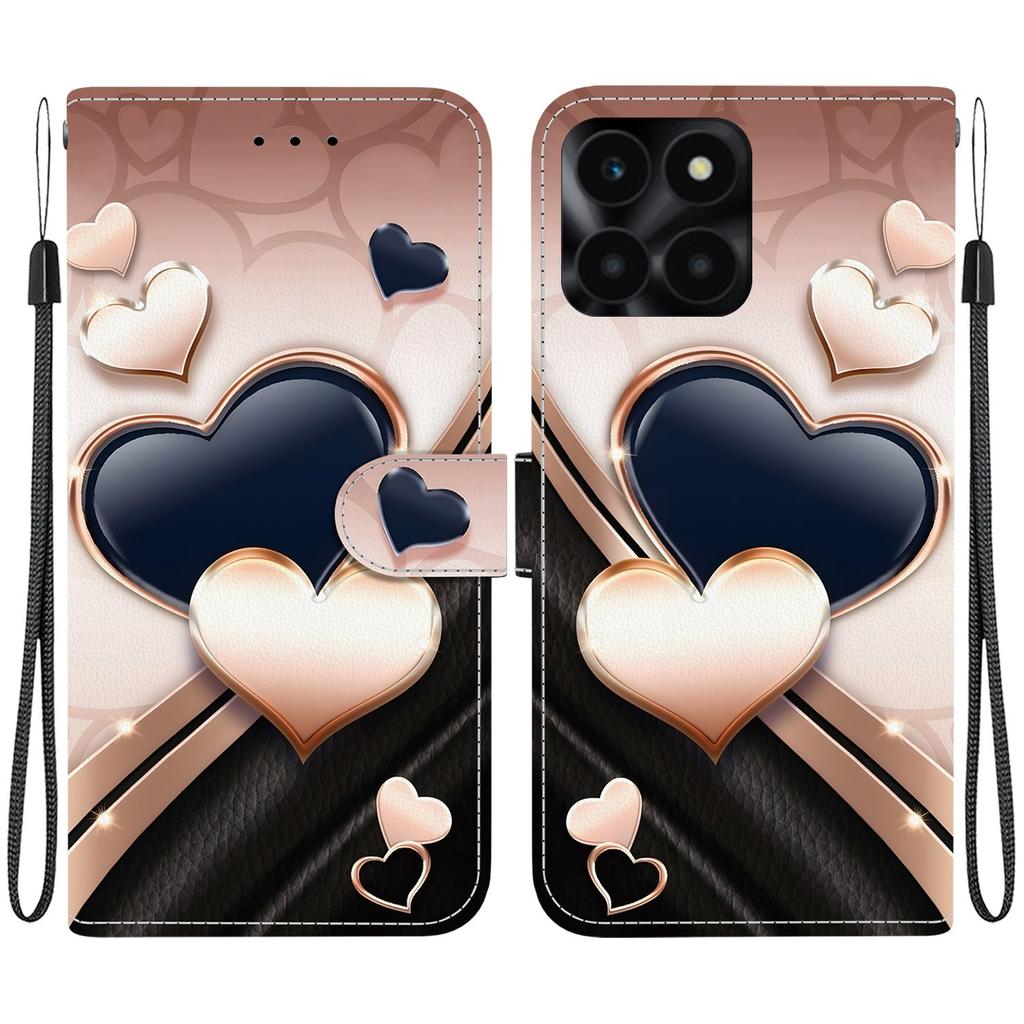 Handmade PU Leather Flip Case for Honor X6a Anti-Slip Shockproof Cover with Wrist Strap & Heart/Rose Cat Designs