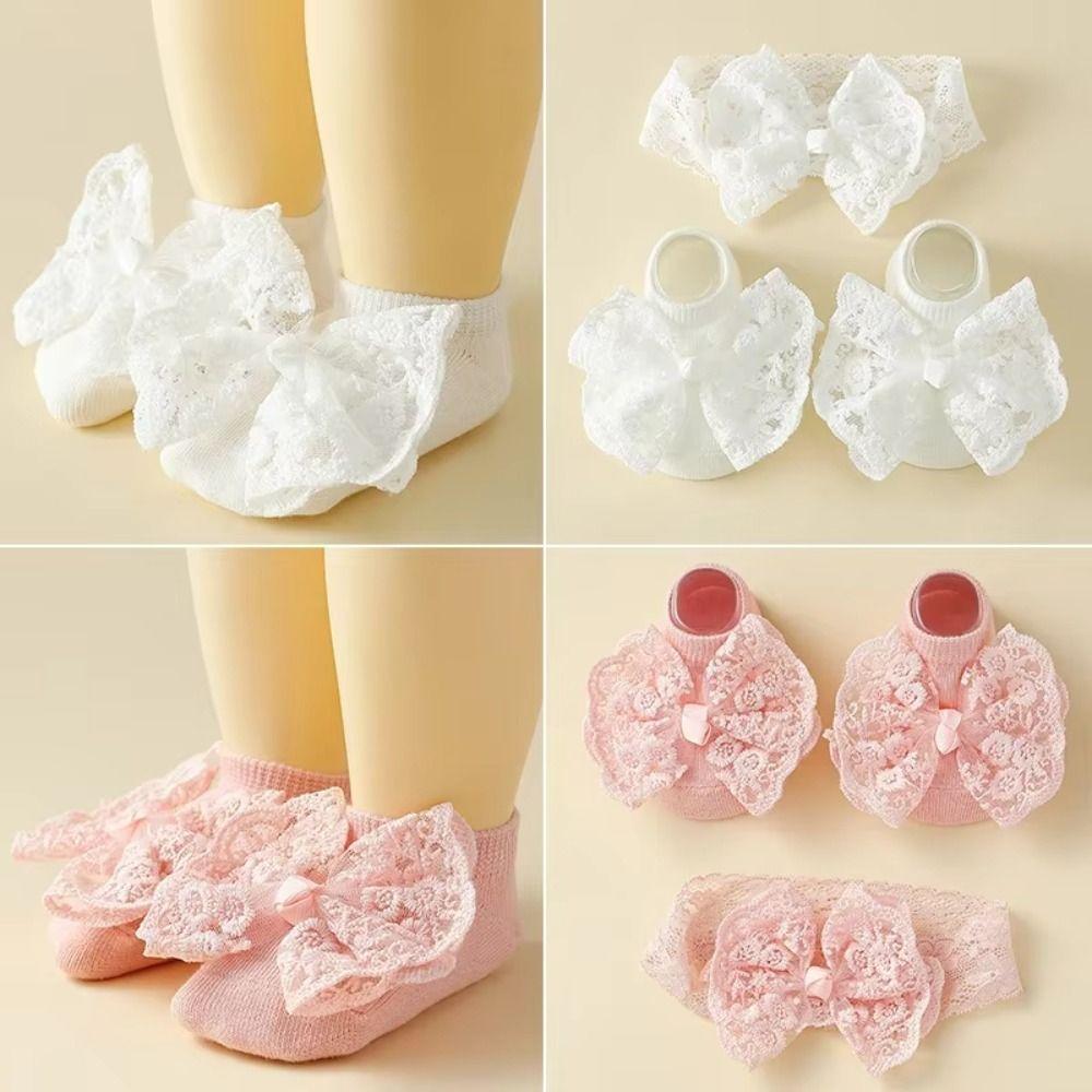 2Set Lace Bow Baby Headband Socks Set Soft Baby Floor Sock Kids Headwear Anti Slip Socks Boy Girl